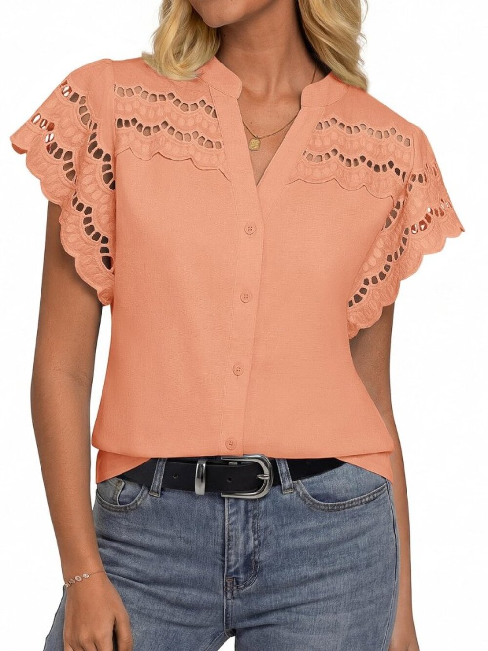 Womens Summer Tops Cotton Linen Eyelet Flowy Blouses Beach Vacation V Neck